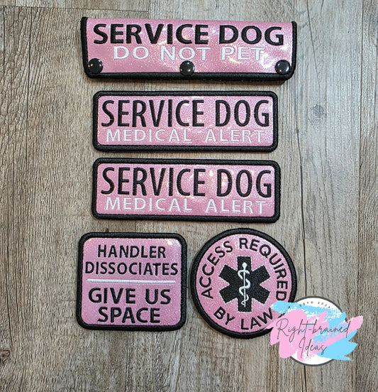 Service Dog Medical Alert Black And White On Sparkle Light Pink Vinyl Five-piece Patch And Leash Wrap Set