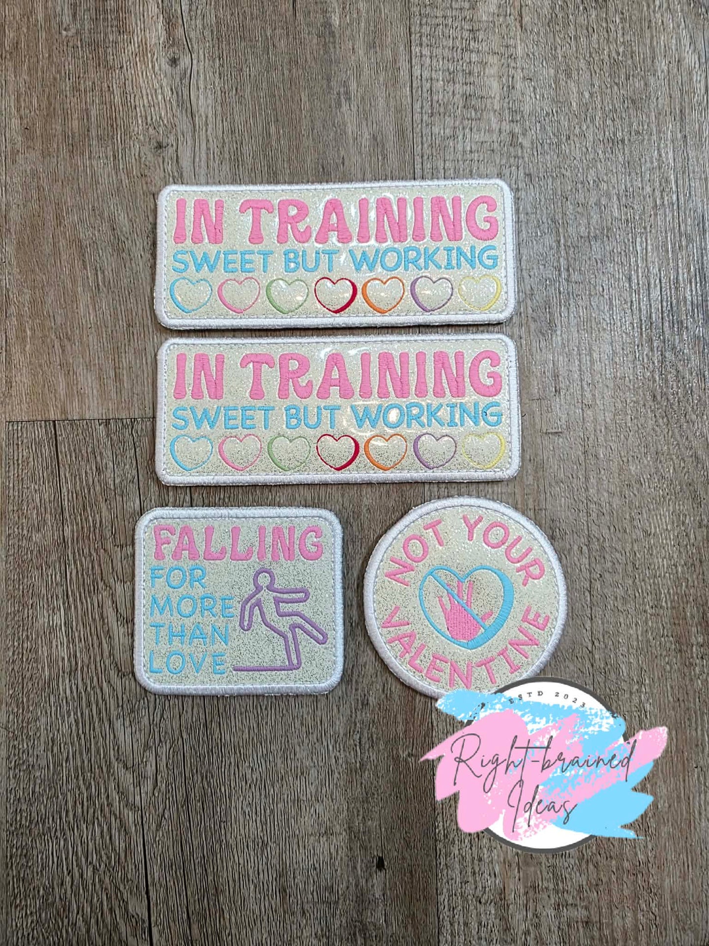 Frosted And Sweet Conversation Heart Inspired In Training Multi-colored On Sparkle White Vinyl Four-piece Oversized Patch Set