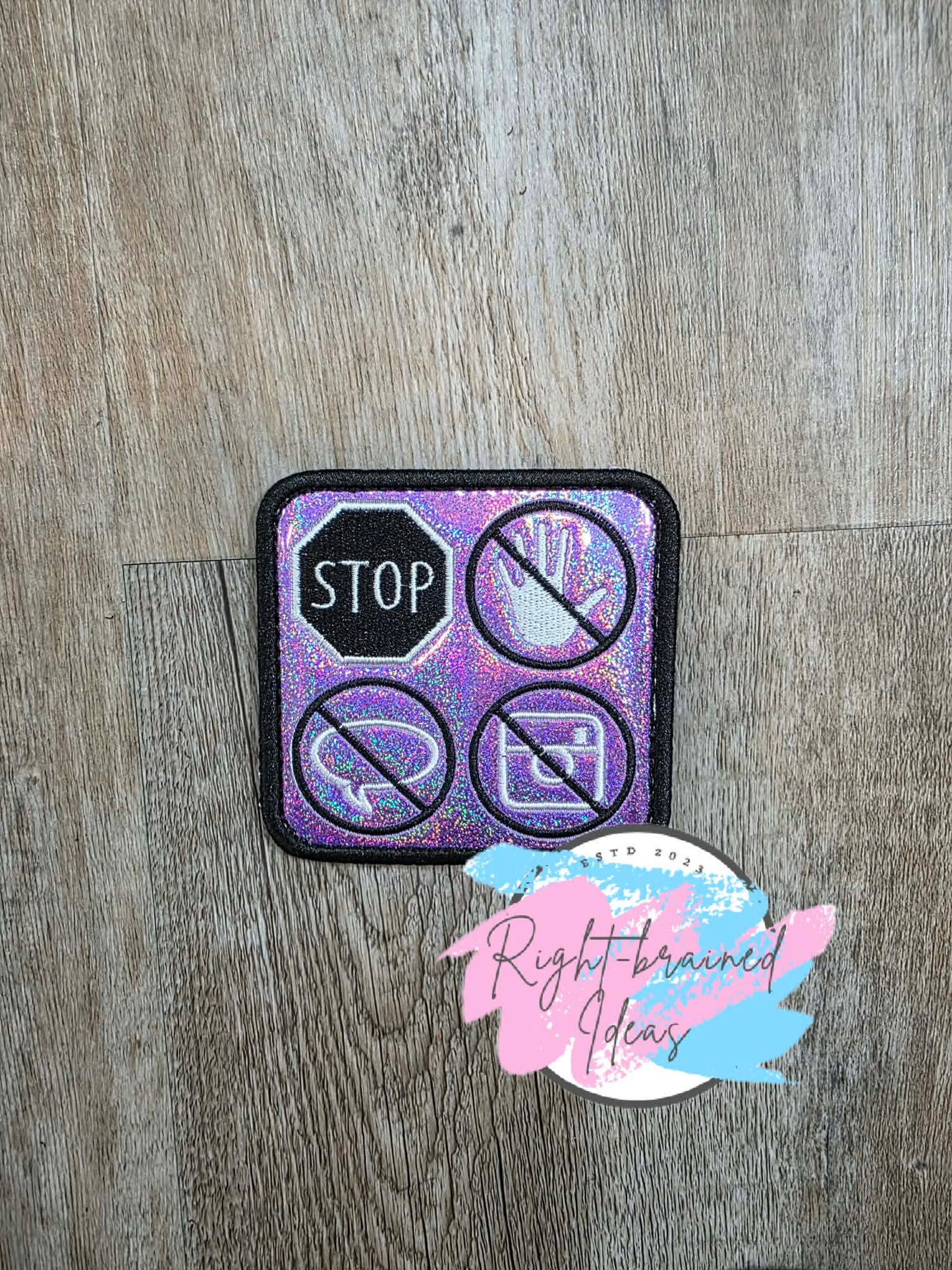 In Training Do Not Distract Black And White On Sparkle Purple Holographic Vinyl Five-piece Patch and Leash Wrap Set