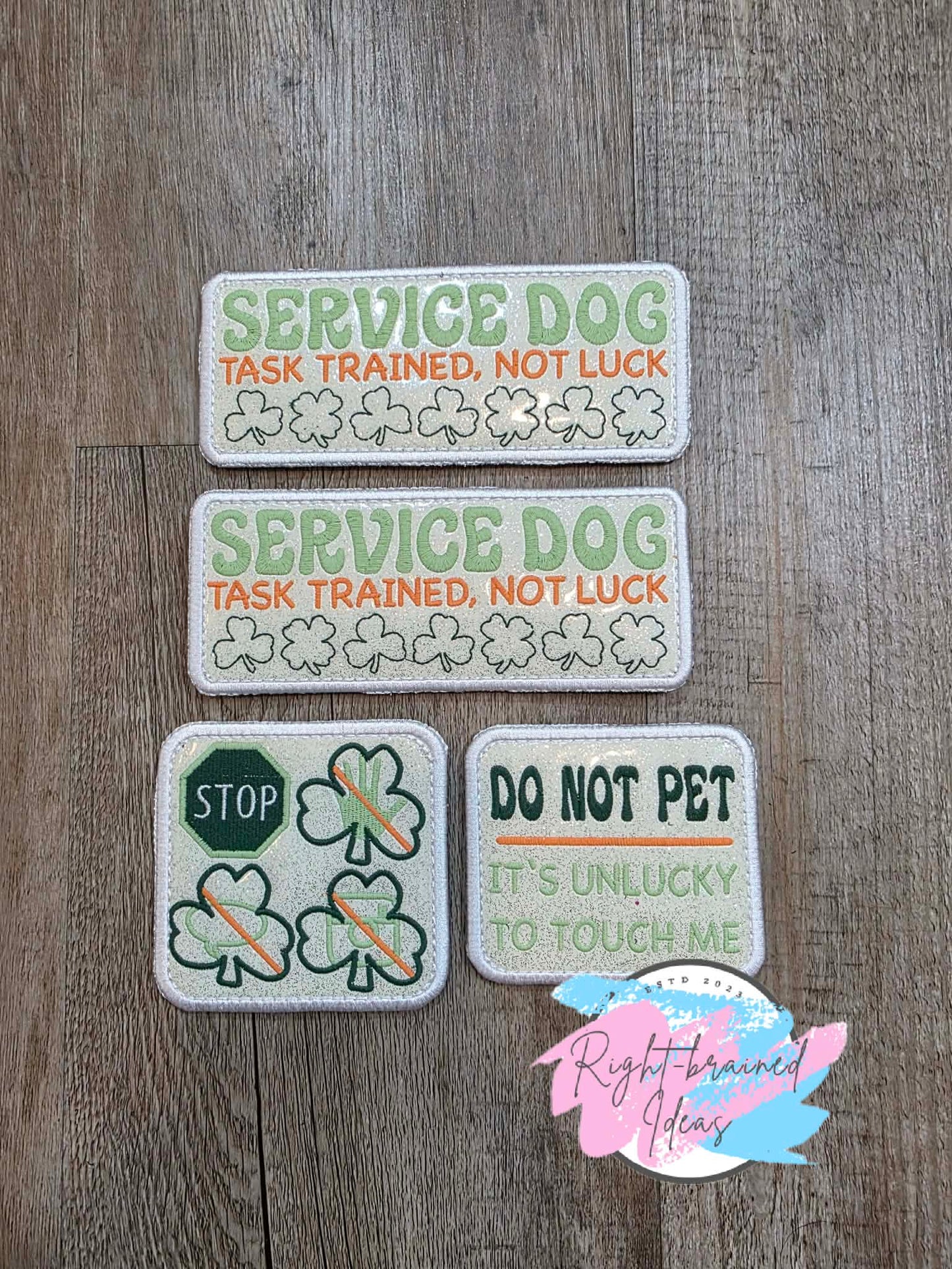 Oversize Shamrock Inspired Service Dog Task Trained Not Luck Flat Matt Mint Green, Flat Matt Forest Green, Flat Matt Orange And White On Sparkle White Vinyl Four-piece Patch Set With Oversized Patches