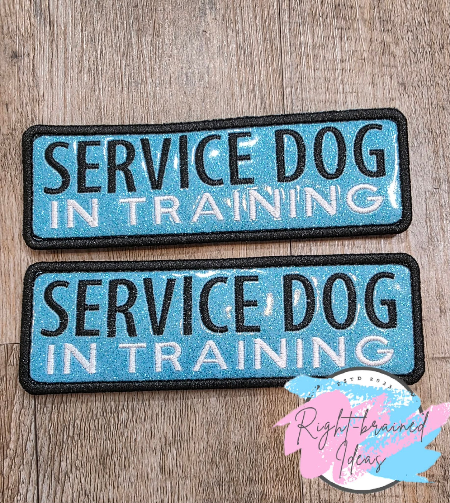 Service Dog In Training Black And White On Sparkle Light Blue Vinyl Three-piece Patch Set