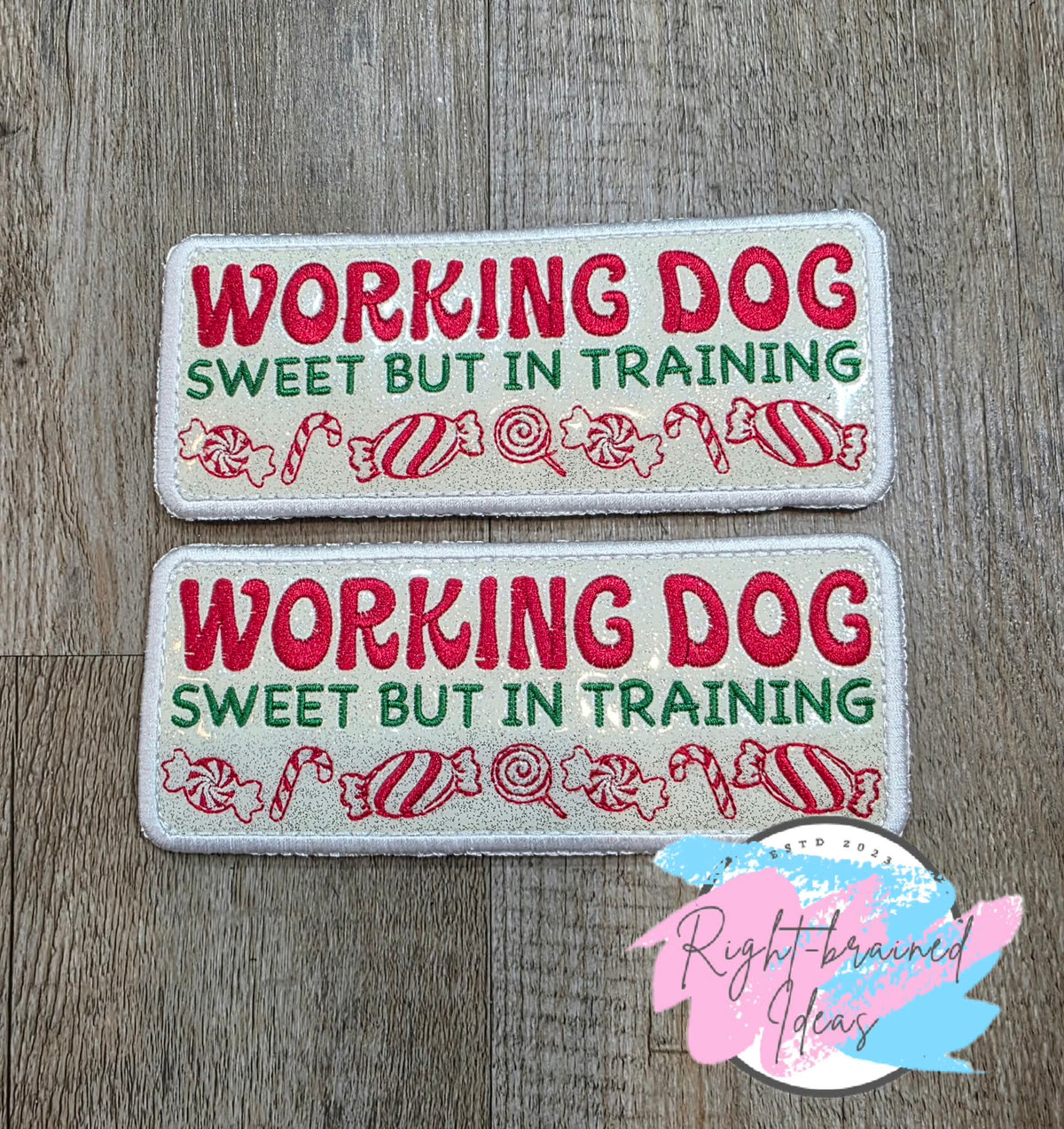 Peppermint Inspired Oversized Working Dog Red And Green On Sparkle White Vinyl Four-piece Patch Set