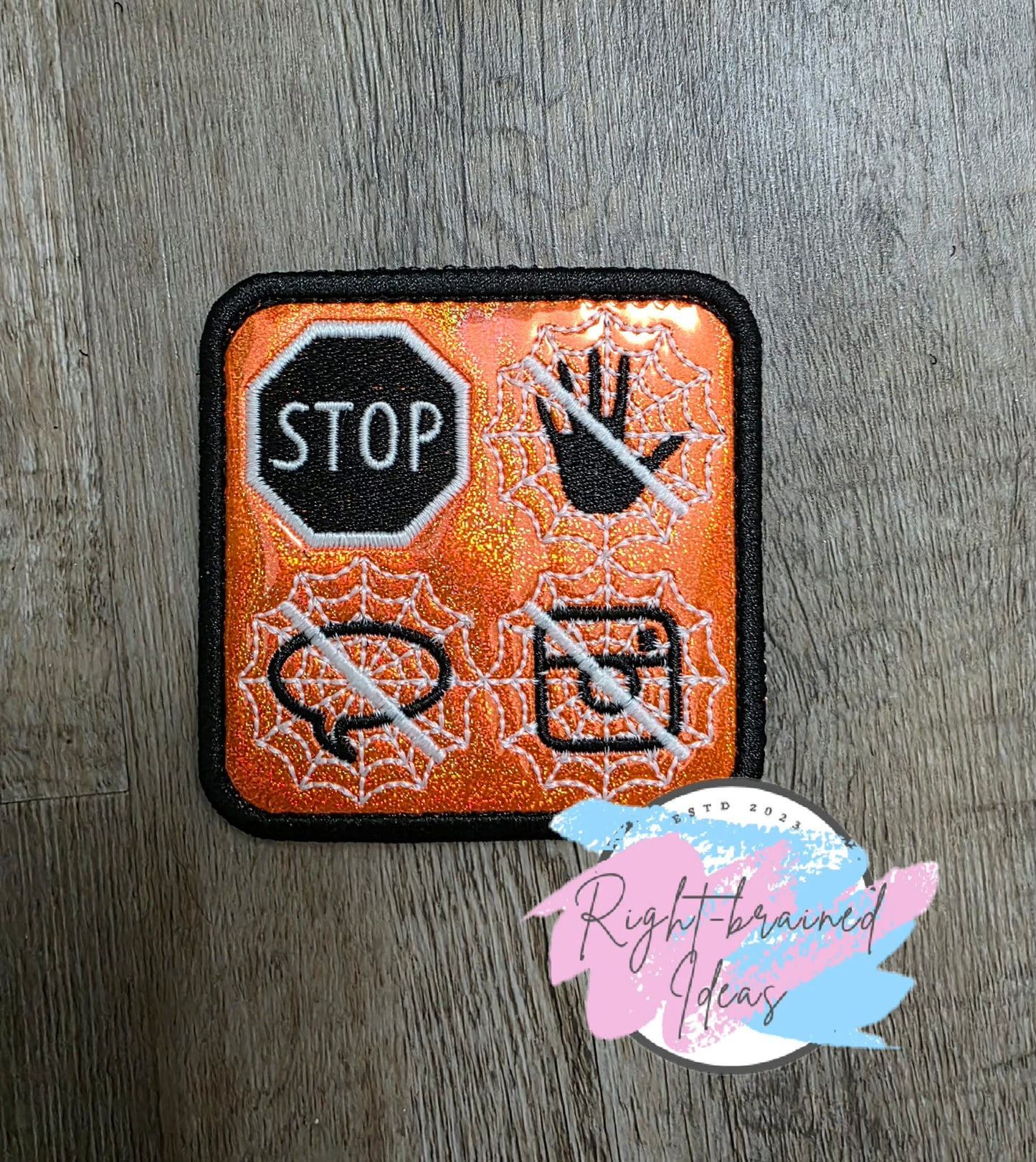 Creepy Crawley Inspired Service Dog In Training Glow-In-The-Dark White And Black On Sparkle Neon Orange Holographic Vinyl Five-piece Oversized Patch And Leash Wrap Set