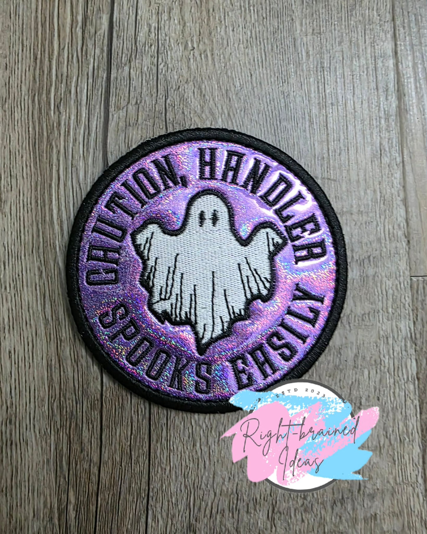 Spooky Season Inspired Service Dog Glow-In-The-Dark White And Black On Sparkle Purple Holographic Vinyl Five-piece Oversized Patch And Leash Wrap Set