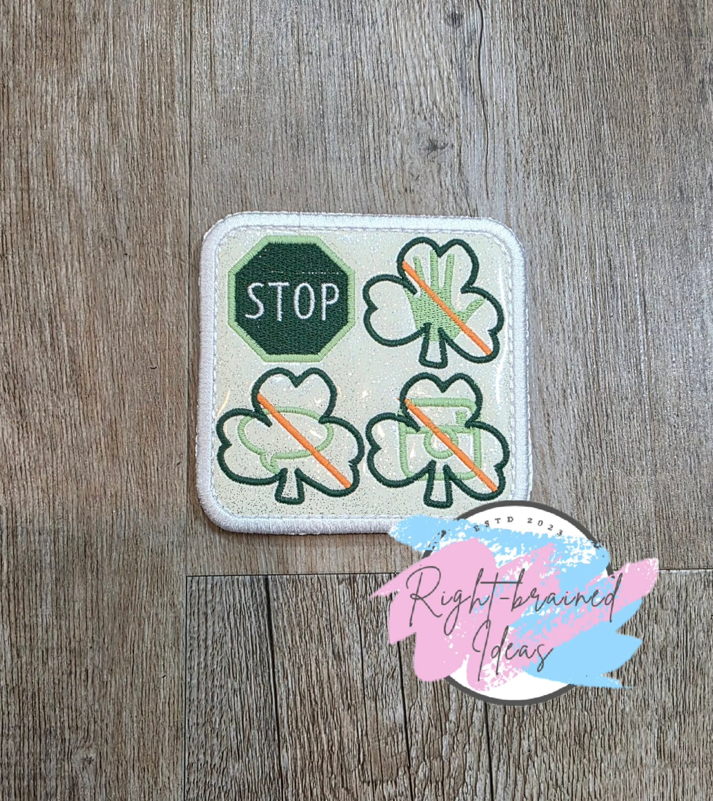 Oversize Shamrock Inspired In Training I'm Their Lucky Charm Flat Matt Mint Green, Flat Matt Forest Green, Flat Matt Orange And White On Sparkle White Vinyl Four-piece Patch Set With Oversized Patches