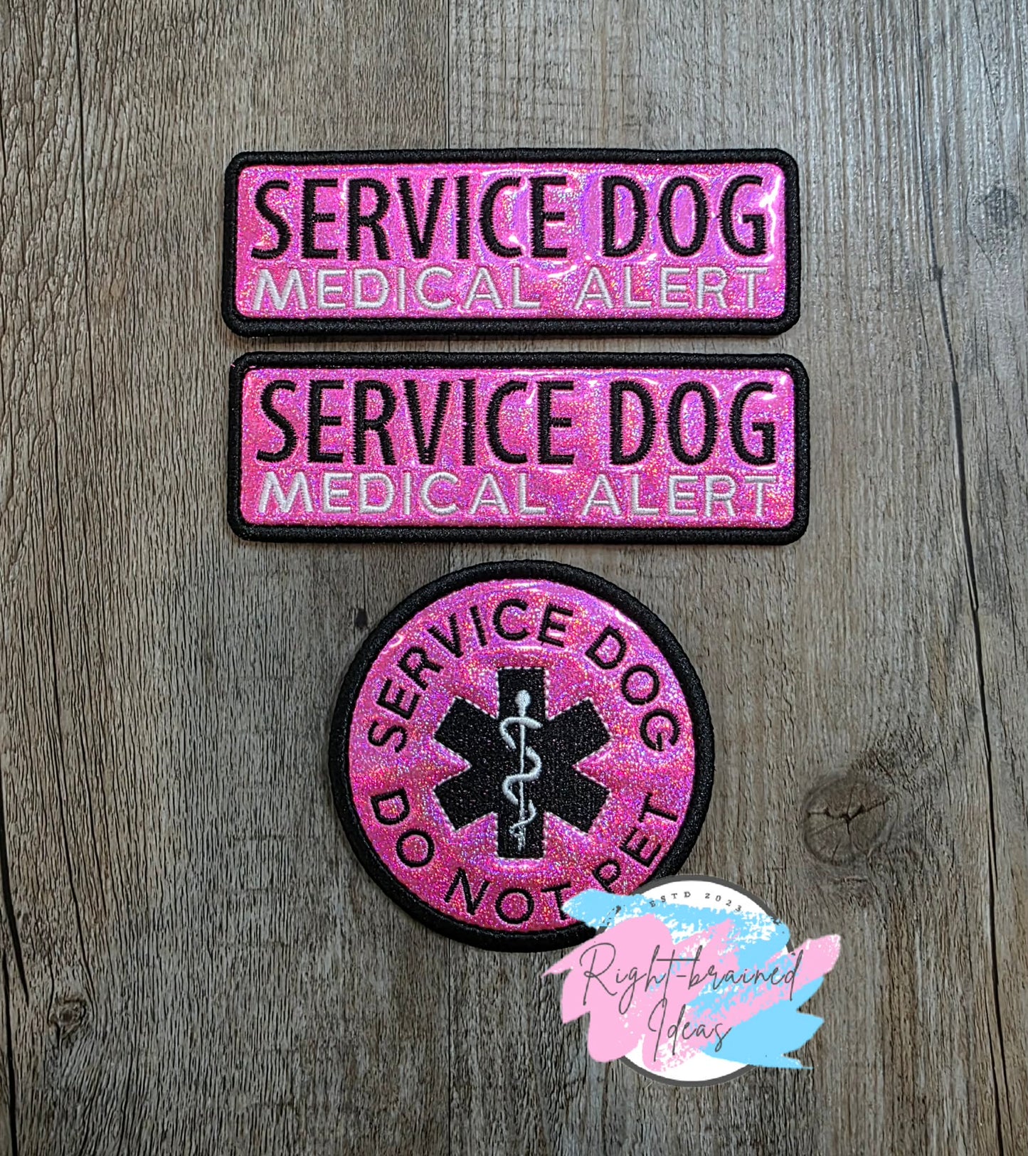 *Minor Cosmetic Flaw* Service Dog Medical Alert Black And White On Sparkle Pink Holographic Vinyl Three-piece Patch Set