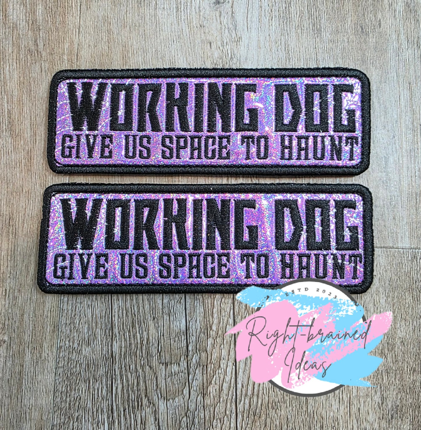 Spooky Season Inspired Working Dog Black And White On Sparkle Purple Holographic Vinyl Three-piece Patch Set