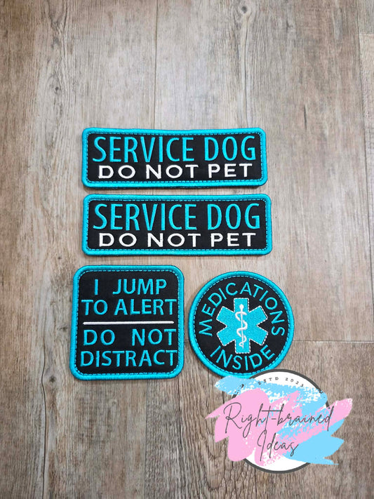 Srvice Dog Do Not Pet White And Teal On Lightweight High Performance Black Twill Four-piece Patch Set