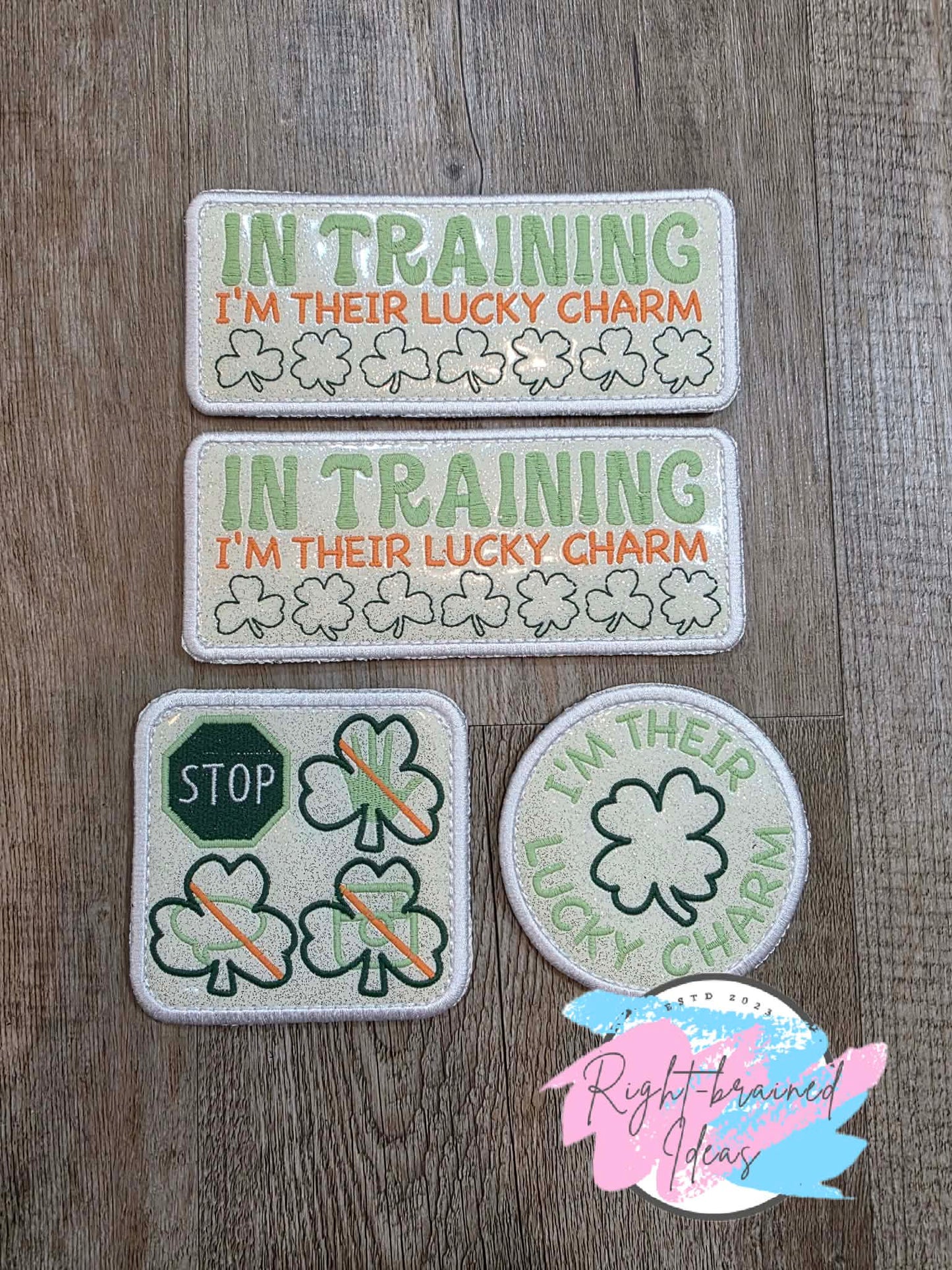 Oversize Shamrock Inspired In Training I'm Their Lucky Charm Flat Matt Mint Green, Flat Matt Forest Green, Flat Matt Orange And White On Sparkle White Vinyl Four-piece Patch Set With Oversized Patches
