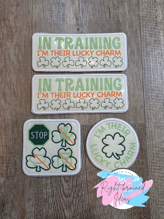 Oversize Shamrock Inspired In Training I'm Their Lucky Charm Flat Matt Mint Green, Flat Matt Forest Green, Flat Matt Orange And White On Sparkle White Vinyl Four-piece Patch Set With Oversized Patches