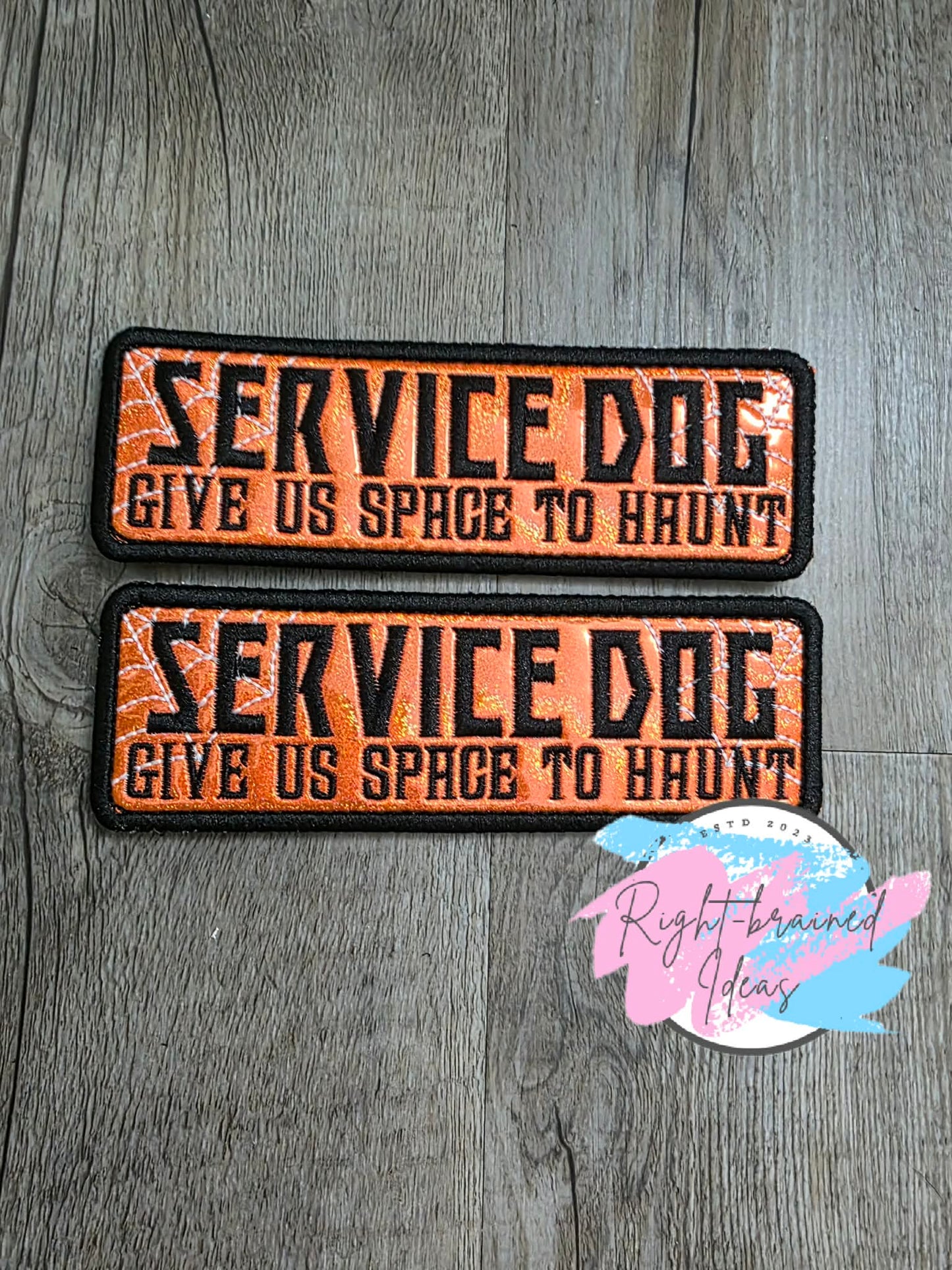 Creepy Crawley Inspired Service Dog Glow-In-The-Dark White And Black On Sparkle Neon Orange Holographic Vinyl Five-piece Patch And Leash Wrap Set