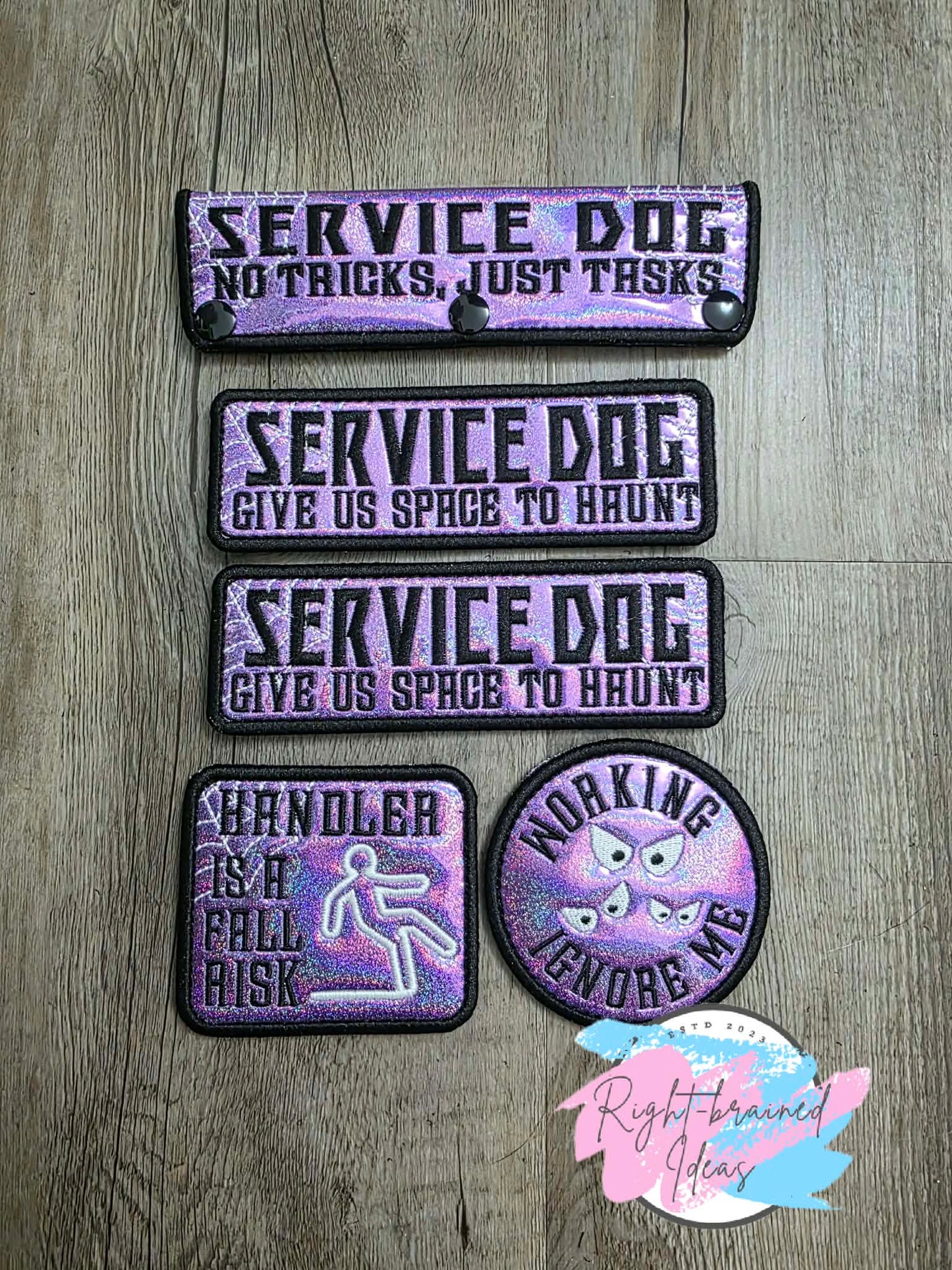 Creepy Crawley Inspired Service Dog Glow-In-The-Dark White And Black On Sparkle Purple Holographic Vinyl Five-piece Patch And Leash Wrap Set