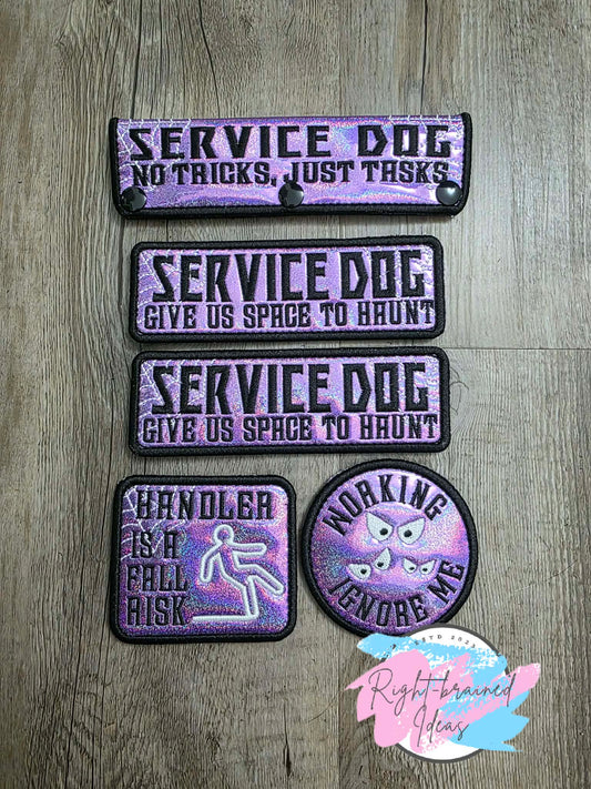 Creepy Crawley Inspired Service Dog Glow-In-The-Dark White And Black On Sparkle Purple Holographic Vinyl Five-piece Patch And Leash Wrap Set