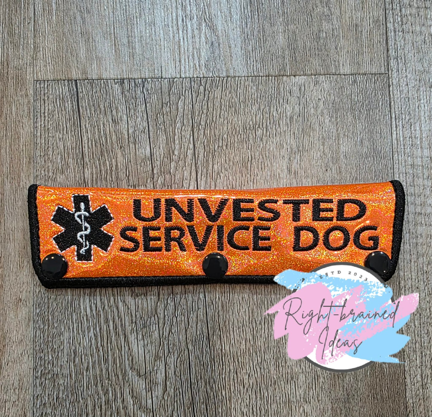 Unvested Service Dog Black And White On Sparkle Orange Holographic Vinyl Leash Wrap