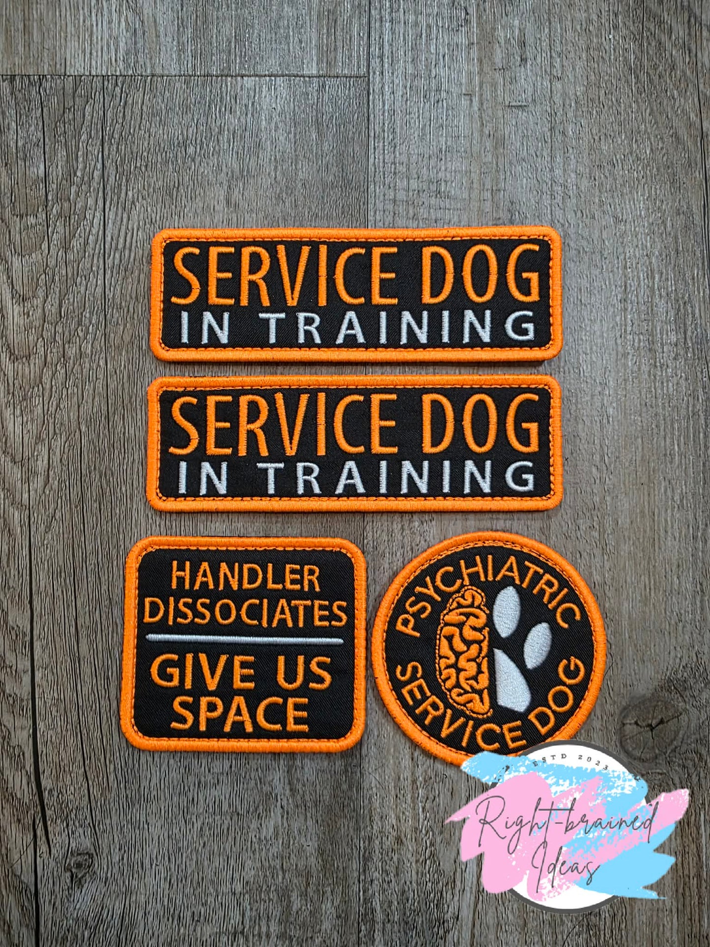 Service Dog In Training Neon Orange And White On Lightweight High Performance Black Twill Four-piece Patch Set