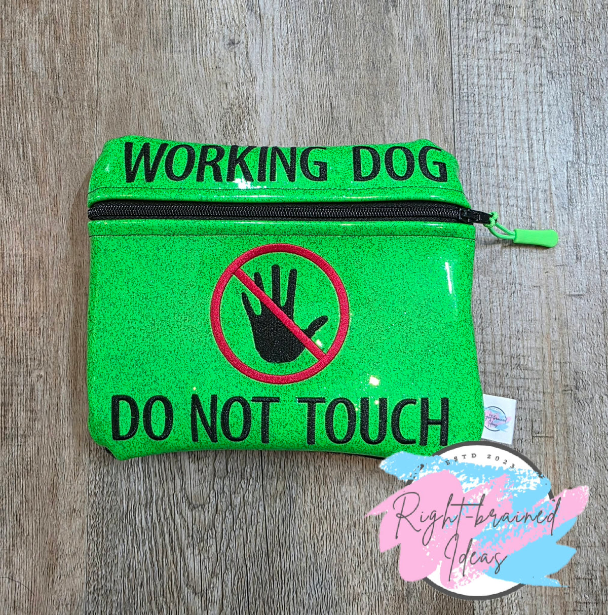 Working Dog Do Not Touch Black And Red On Sparkle Neon Green Vinyl Guide Sign Pouch