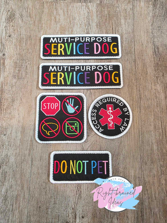 *Cosmetic Flaw* Multi-Purpose Service Dog Rainbow and White on Black Twill Five-piece Patch Set