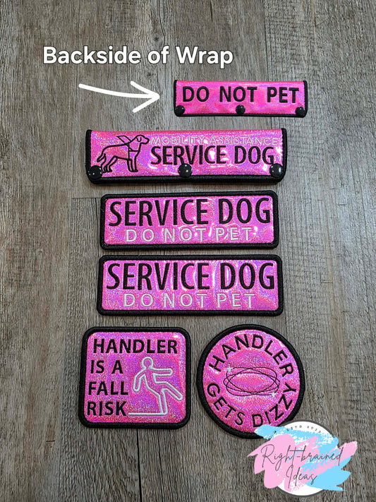 Service Dog Do Not Pet Black And White On Sparkle Pink Holographic Vinyl Five-piece Patch And Double-sided Leash Wrap Set