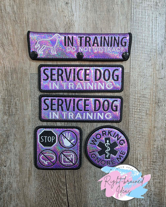 In Training Do Not Distract Black And White On Sparkle Purple Holographic Vinyl Five-piece Patch and Leash Wrap Set