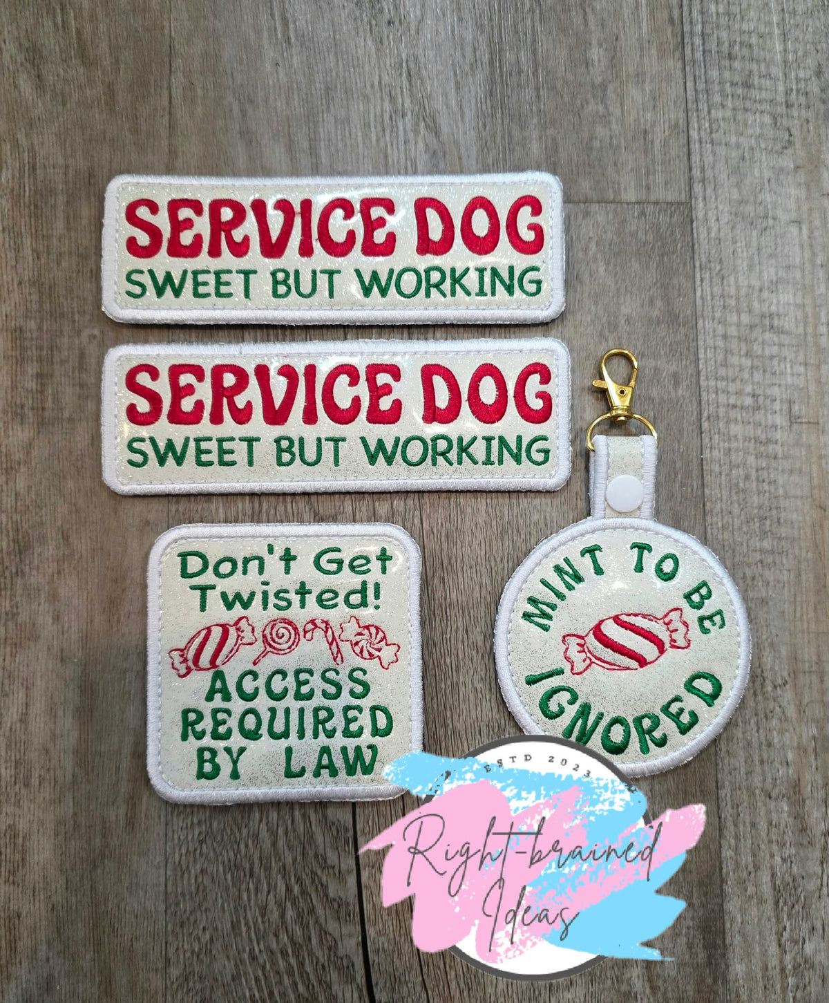 Peppermint Inspired Service Dog Sweet But Working Red And Green On Sparkle White Vinyl Four-piece Patch And Patch Tab Set