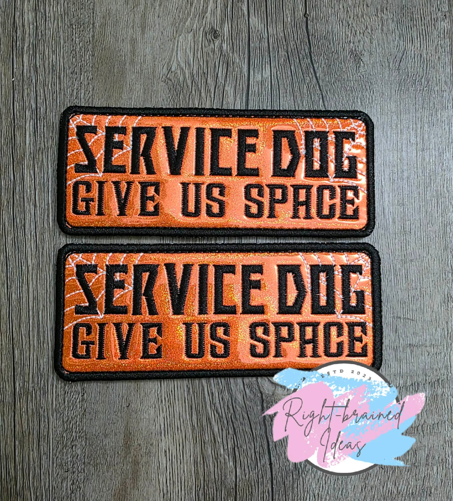 Spooky Season Inspired Service Dog Glow-In-The-Dark White And Black On Sparkle Neon Orange Holographic Vinyl Five-piece Oversized Patch And Leash Wrap Set