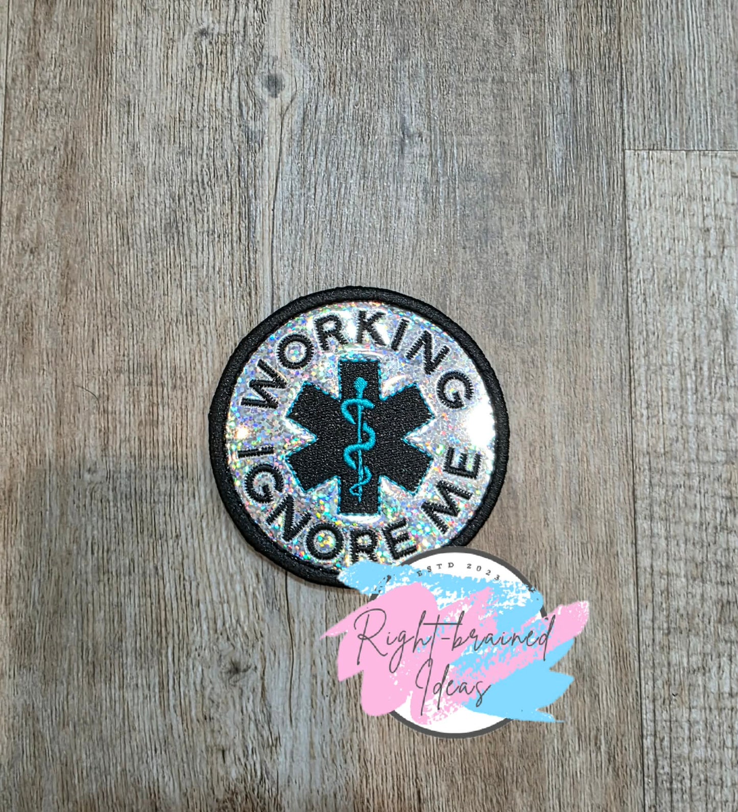 Service Dog In Training Teal And Black On Sparkle Silver Holographic Vinyl Five-piece Patch And Mini Leash Wrap Set