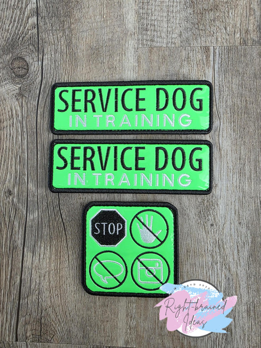 Service Dog In Training Black And White On Neon Green Vinyl Three-piece Patch Set