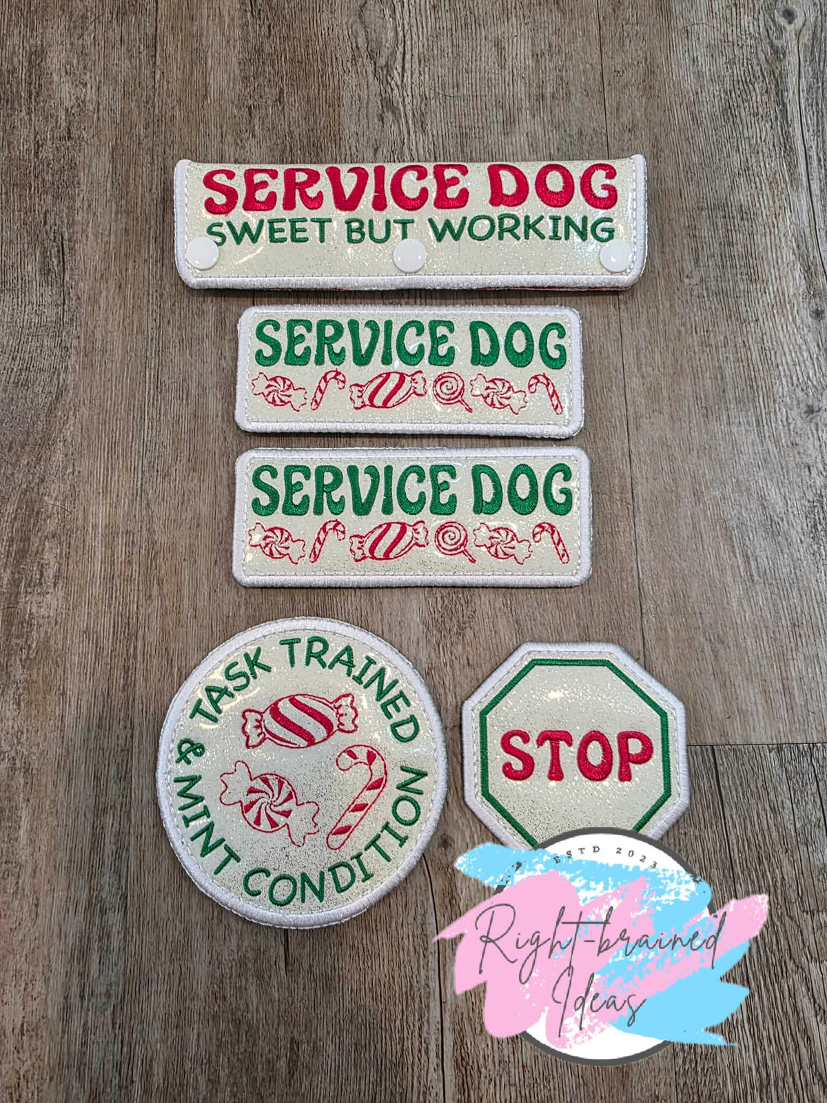 Peppermint Inspired Fun Size Service Dog Red And Green On Sparkle White Vinyl Five-piece Patch And Leash Wrap Set