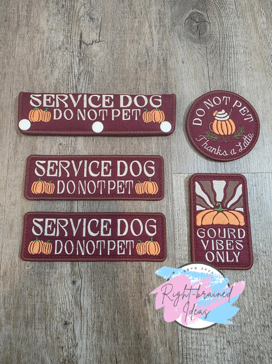 Autumn Inspired Service Dog Fall Matt Palette Of Colors On Maroon Lightweight High Performance Twill Five-piece Patch And Leash Wrap Set