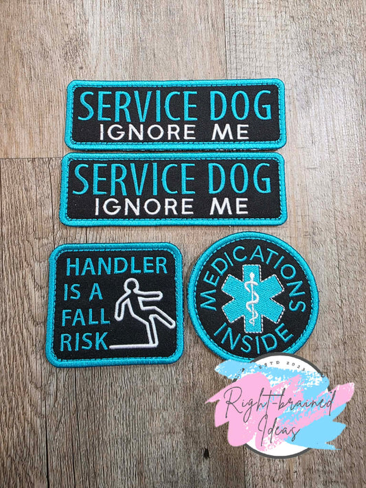 Service Dog Ignore Me Teal And White On Lightweight High Performance Black Twill Four-piece Patch Set