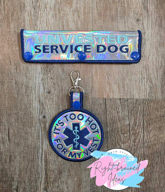 Unvested Service Dog Royal and Sky Blue on Silver Holographic Vinyl Two-piece Patch Tab and Leash Wrap Set