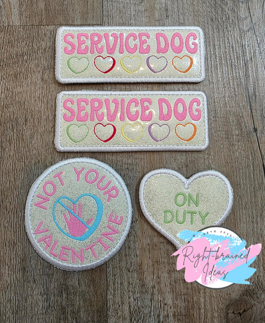 Fun Size, Frosted And Sweet Conversation Heart Inspired In Training Multi-colored On Sparkle White Vinyl Four-piece Patch Set