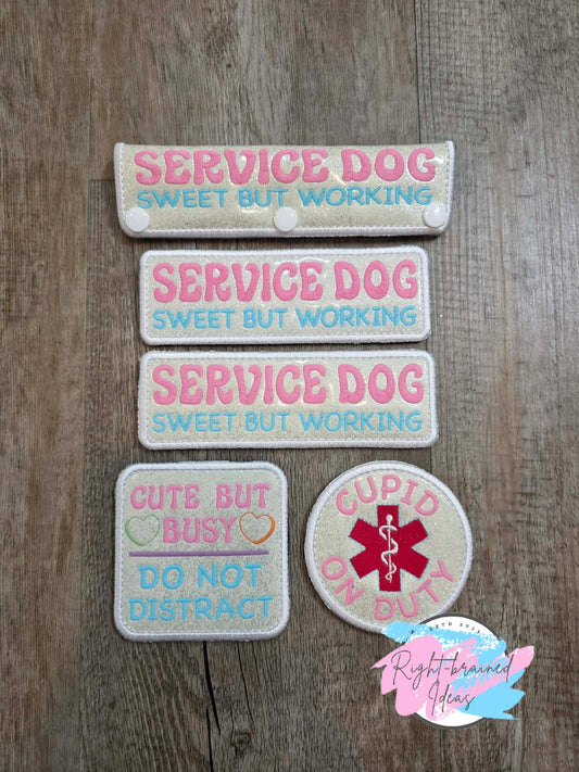 Frosted And Sweet Conversation Heart Inspired Service Dog Working Multi-colored On Sparkle White Vinyl Five-piece Patch and Leash Wrap Set
