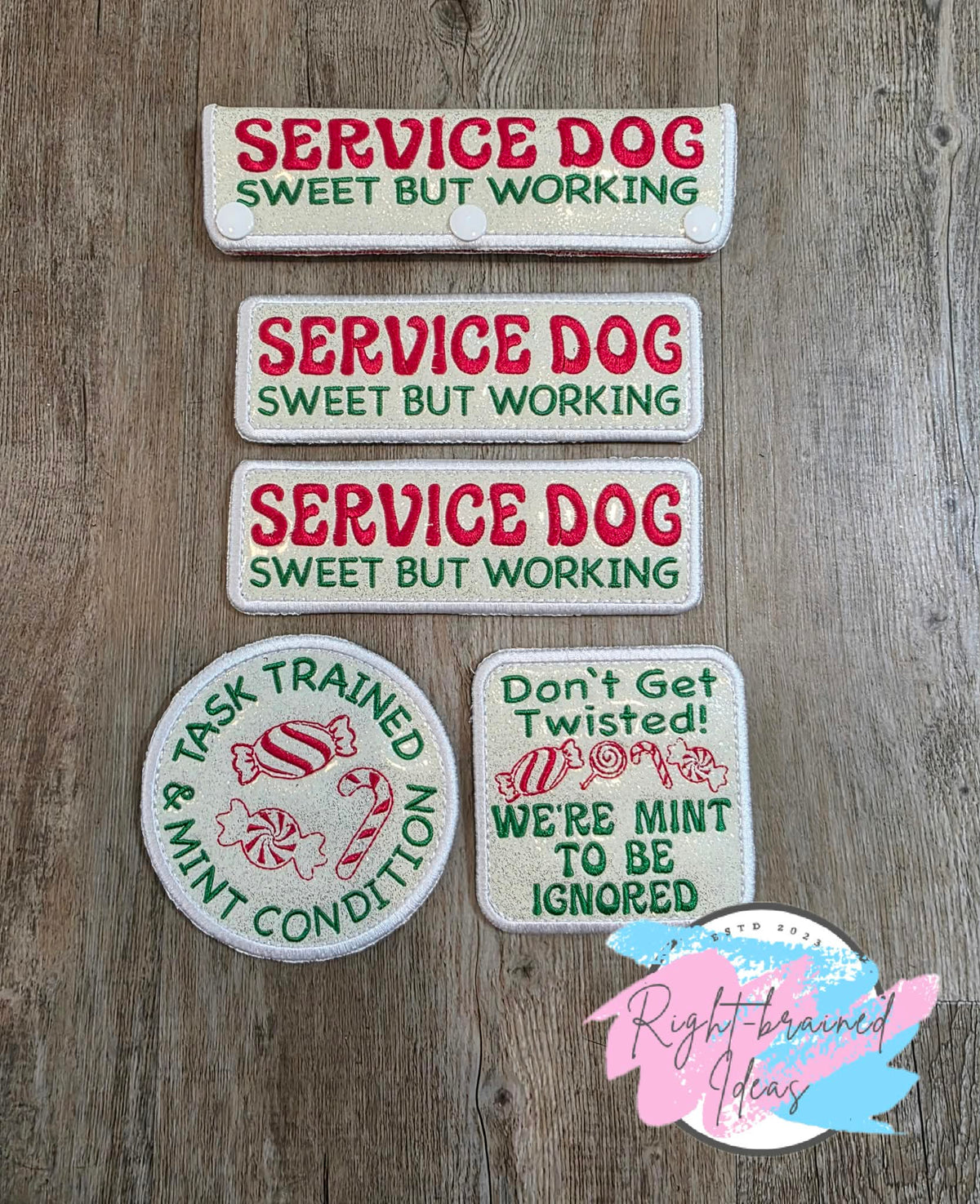 Peppermint Inspired Service Dog Red And Green On Sparkle White Vinyl Five-piece Patch And Leash Wrap Set