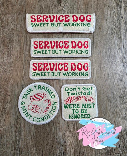 Peppermint Inspired Service Dog Red And Green On Sparkle White Vinyl Five-piece Patch And Leash Wrap Set