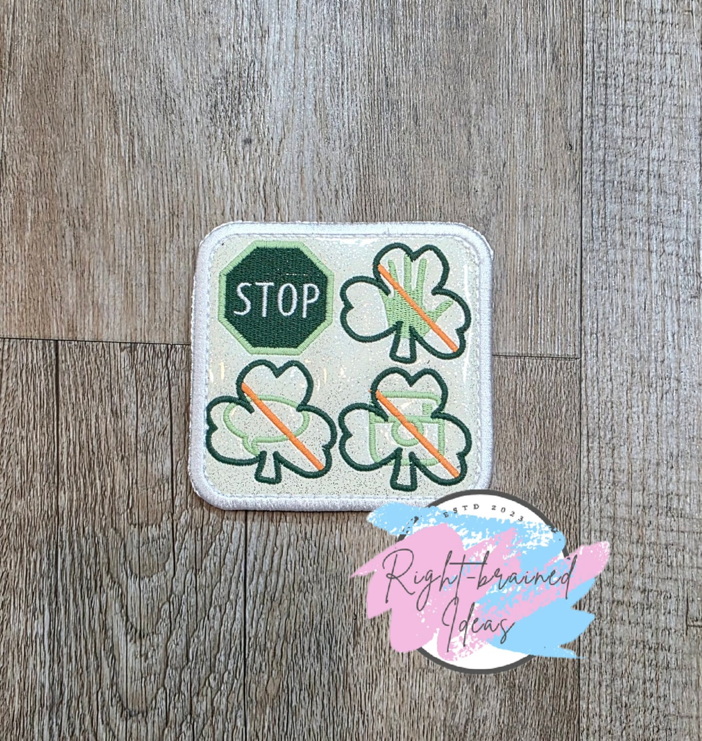 Oversize Shamrock Inspired Service Dog Task Trained Not Luck Flat Matt Mint Green, Flat Matt Forest Green, Flat Matt Orange And White On Sparkle White Vinyl Four-piece Patch Set With Oversized Patches