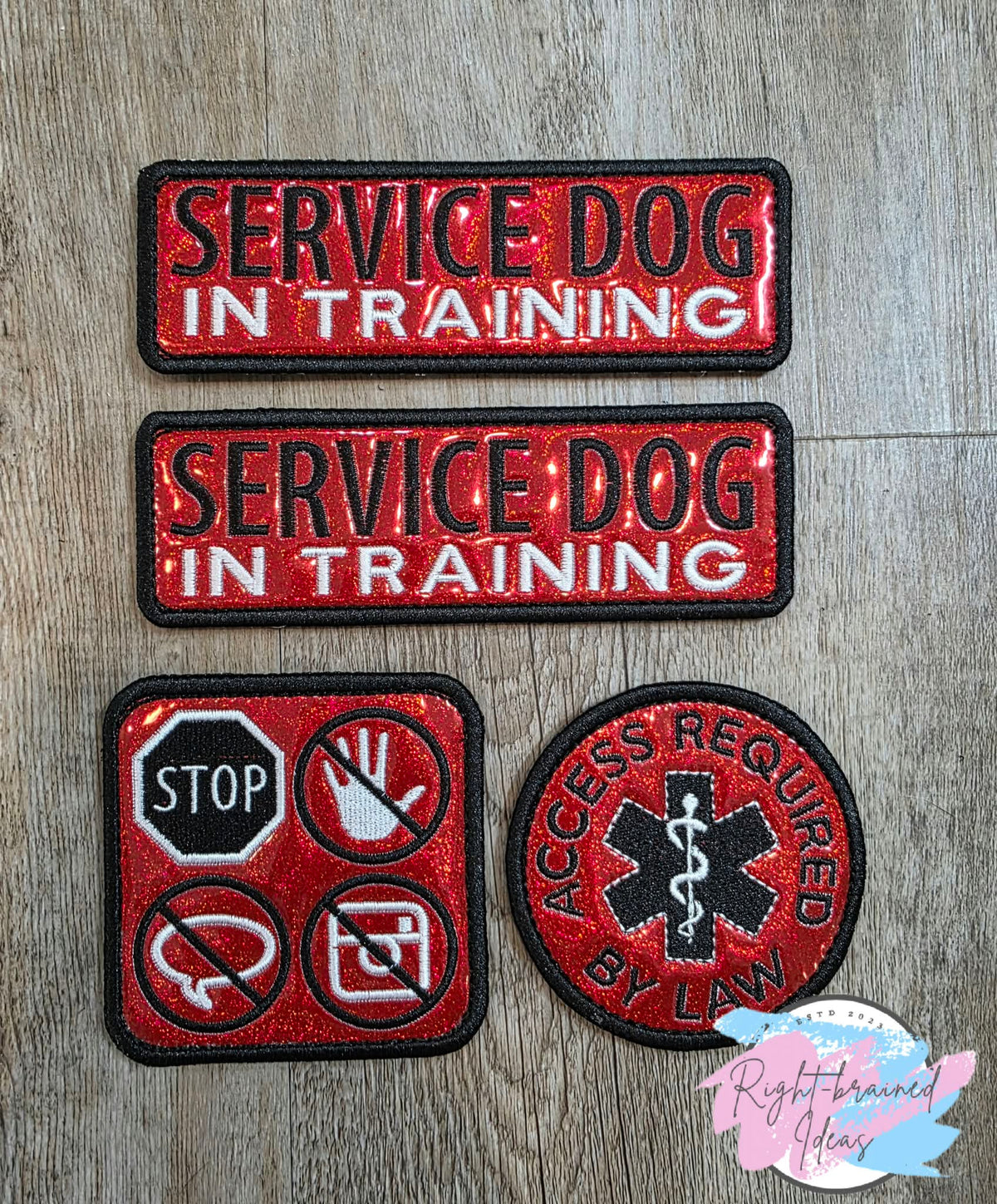 Service Dog In Training Black And White On Sparkle Red Holographic Vinyl Four-piece Patch Set