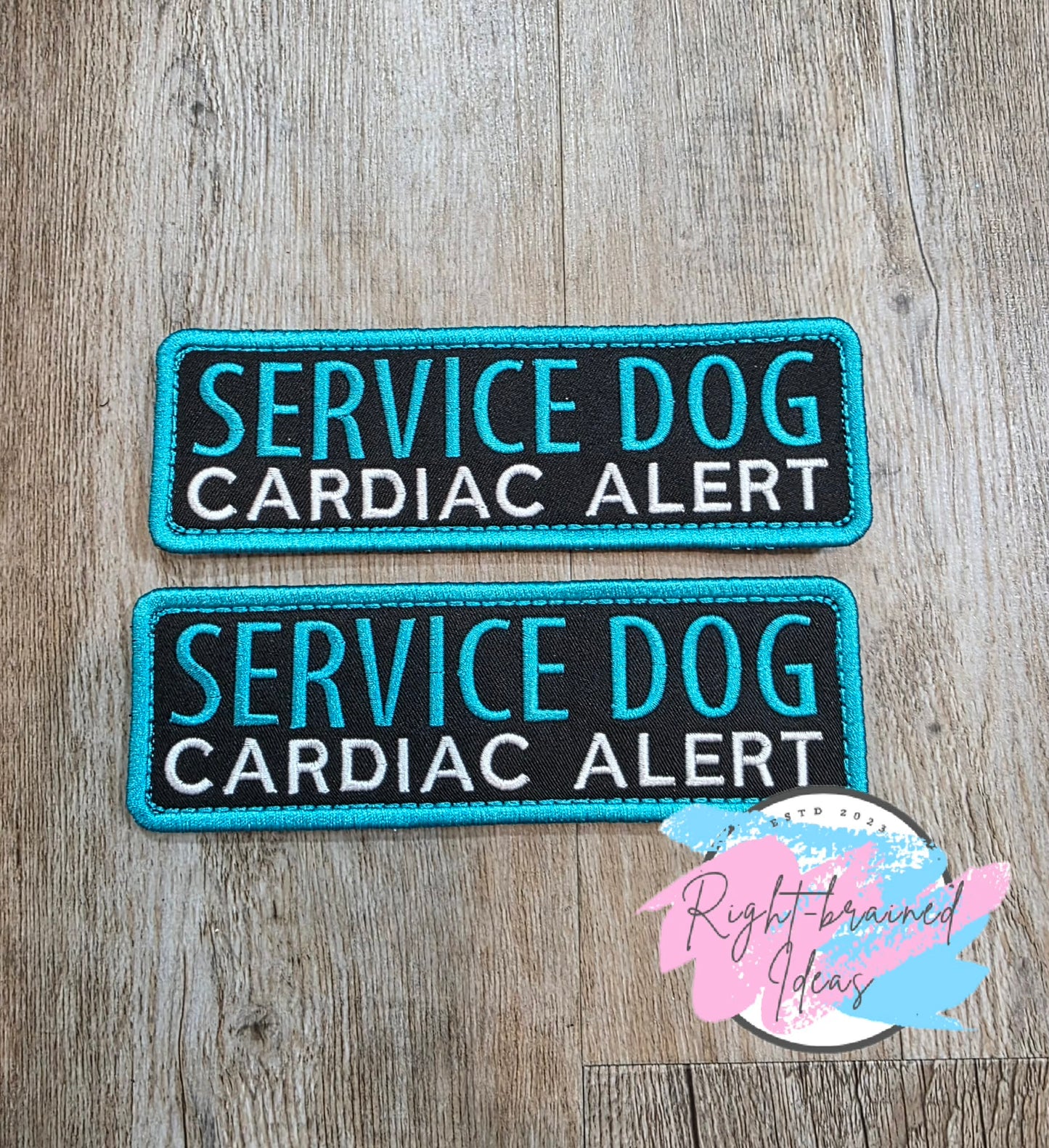 Service Dog Cardiac Alert White And Teal On Lightweight High Performance Black Twill Five-piece Patch and Patch Tab Set