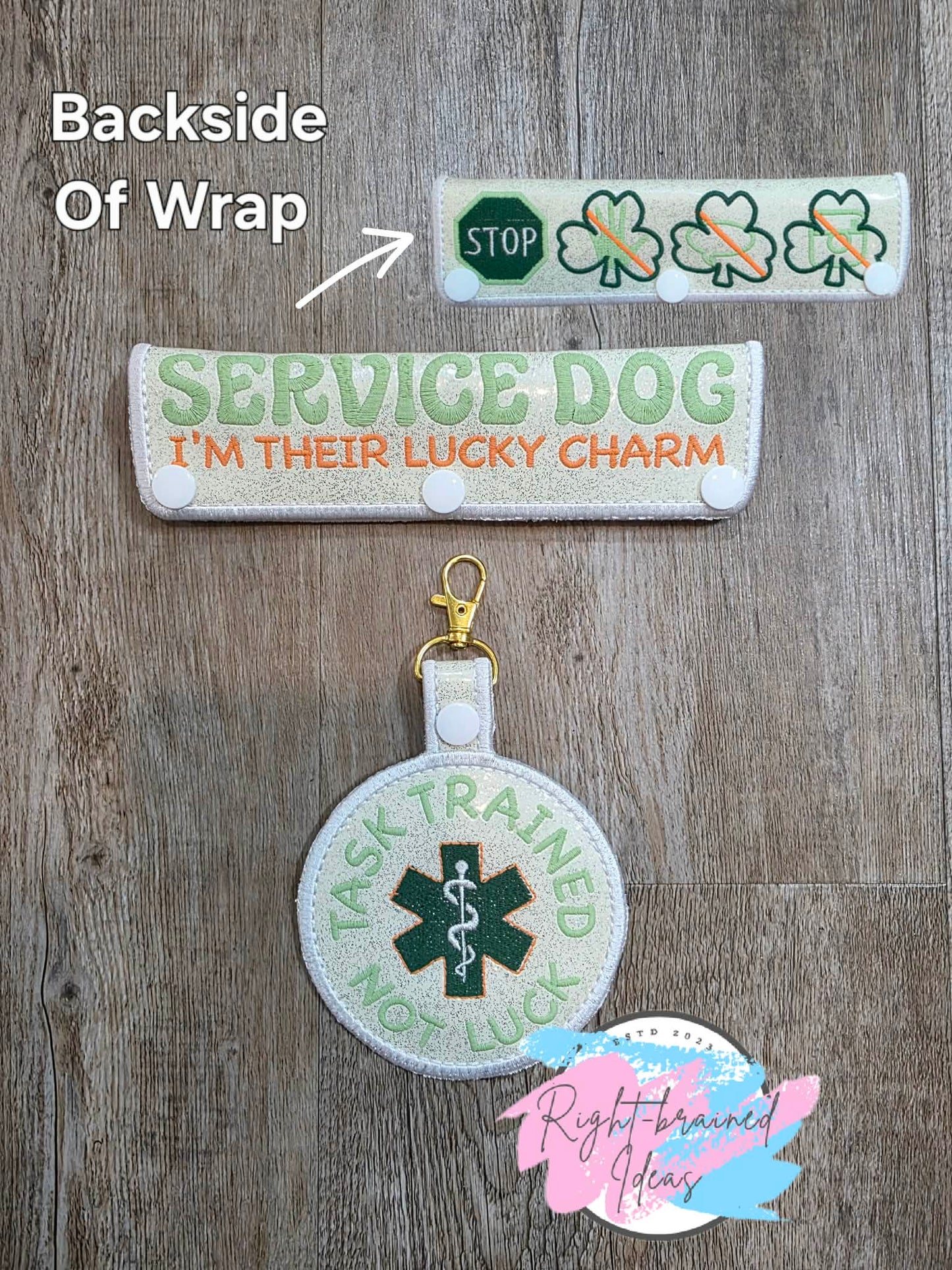 Shamrock Inspired Task Trained Not Luck Flat Matt Mint Green, Flat Matt Forest Green And Flat Matt Orange On Sparkle White Vinyl Two-piece Patch Tab And Double-sided Leash Wrap Set