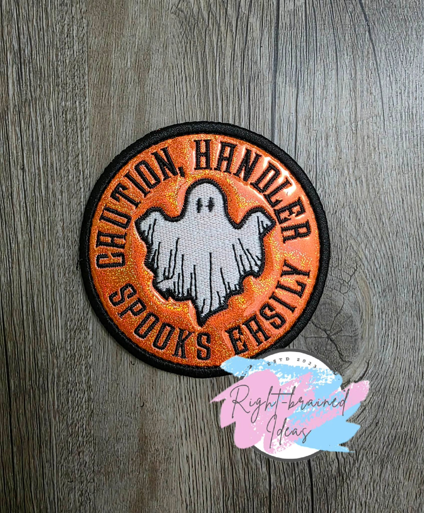 Spooky Season Inspired Service Dog Glow-In-The-Dark White And Black On Sparkle Neon Orange Holographic Vinyl Five-piece Oversized Patch And Leash Wrap Set