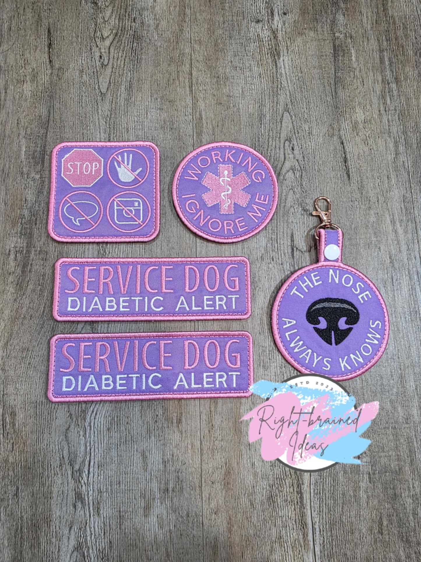 Service Dog Diabetic Alert Ballerina Pink On Lavender Light-weight High Performance Twill Five-piece Patch And Patch Tab Set