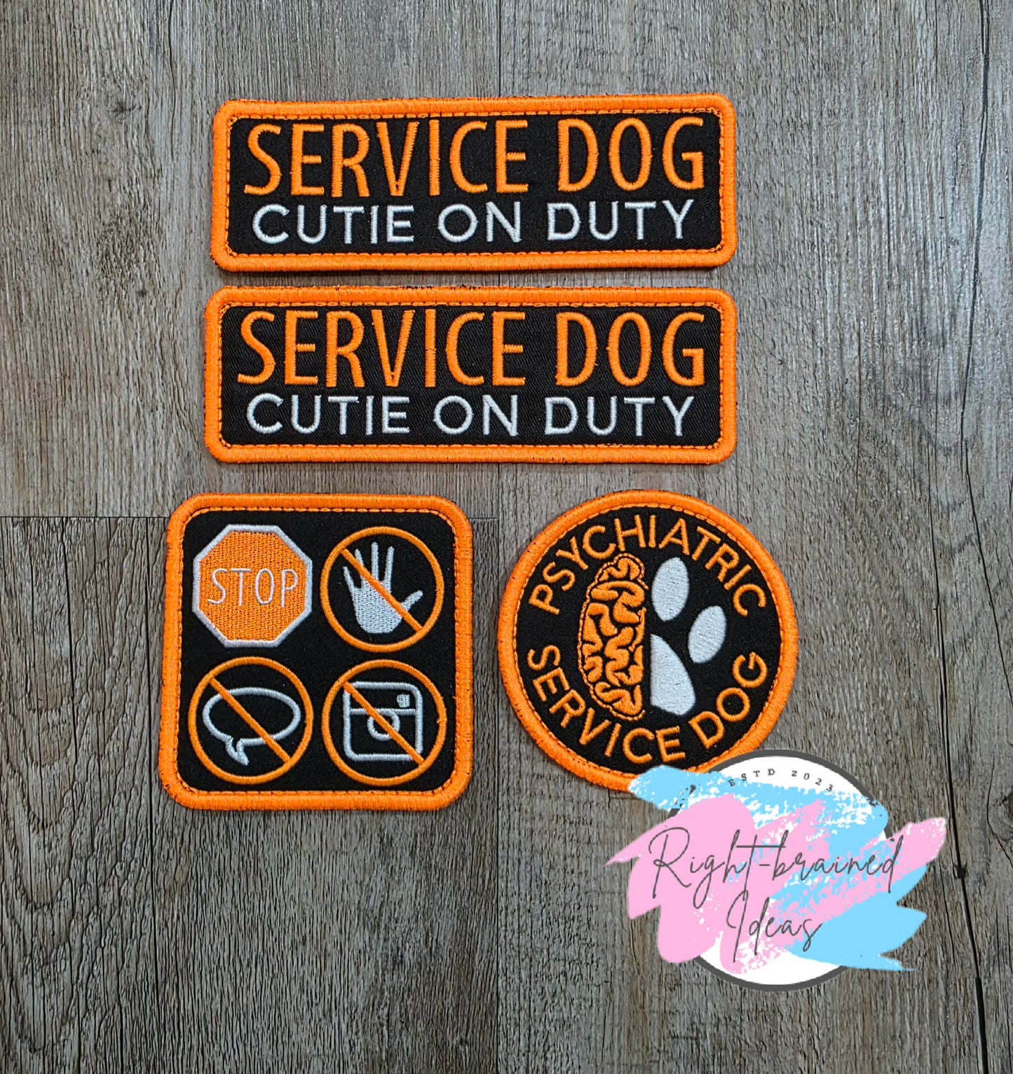 Service Dog Cutie On Duty Neon Orange And White On Lightweight High Performance Black Twill Four-piece Patch Set