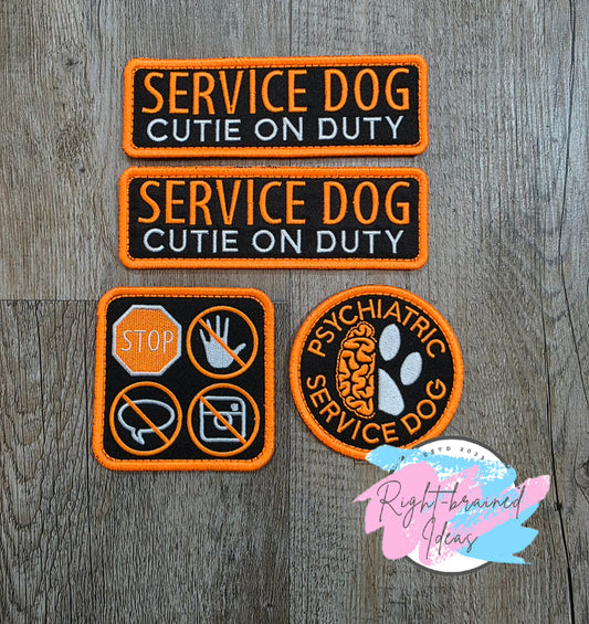 Service Dog Cutie On Duty Neon Orange And White On Lightweight High Performance Black Twill Four-piece Patch Set