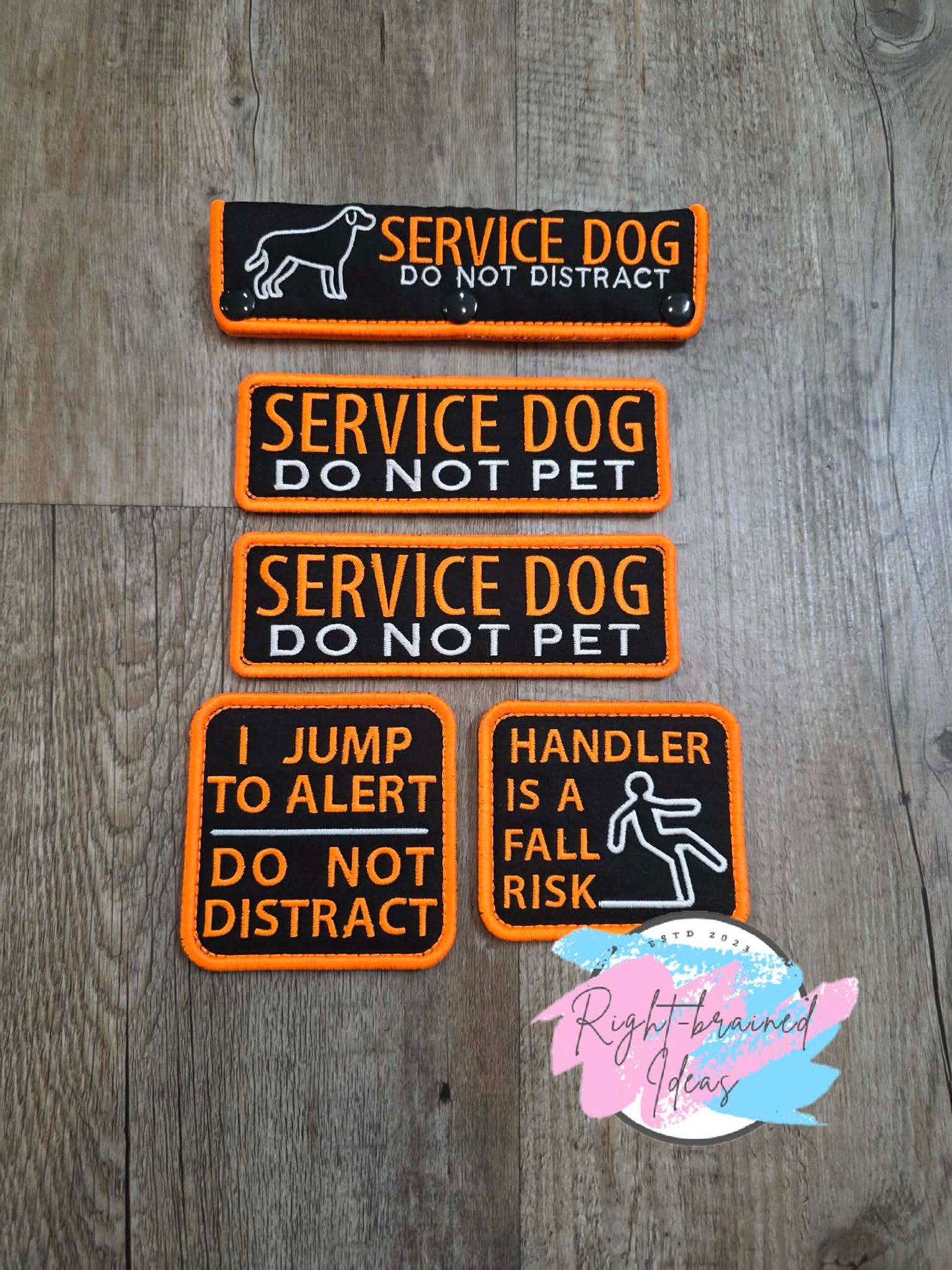 Service Dog Do Not Pet Neon Orange And White On Lightweight High Performance Black Twill Five-piece Patch And Leash Wrap Set