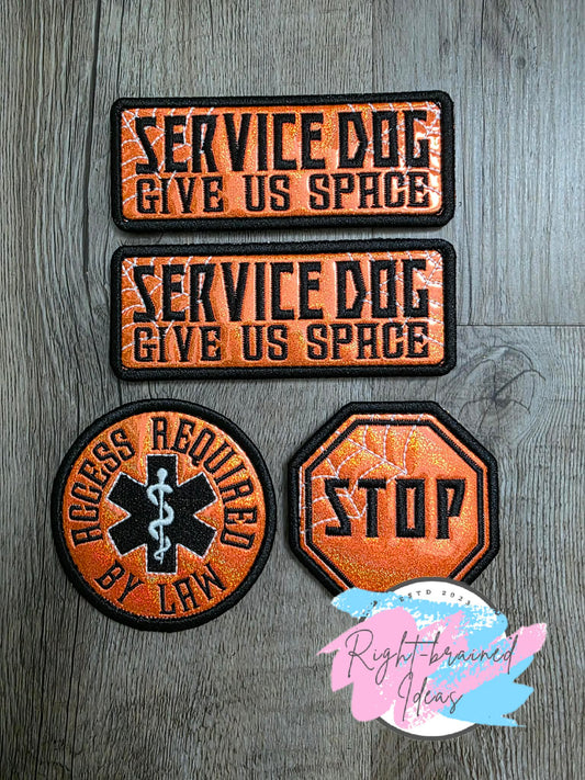 Fun Size Creepy Crawley Inspired Service Dog Glow-In-The-Dark White And Black On Sparkle Neon Orange Holographic Vinyl Four-piece Patch Set