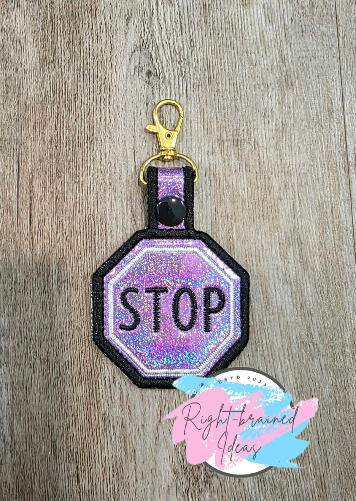 *Minor Flaw* STOP Black And White On Sparkle Purple Holographic Octagonal Patch Tab