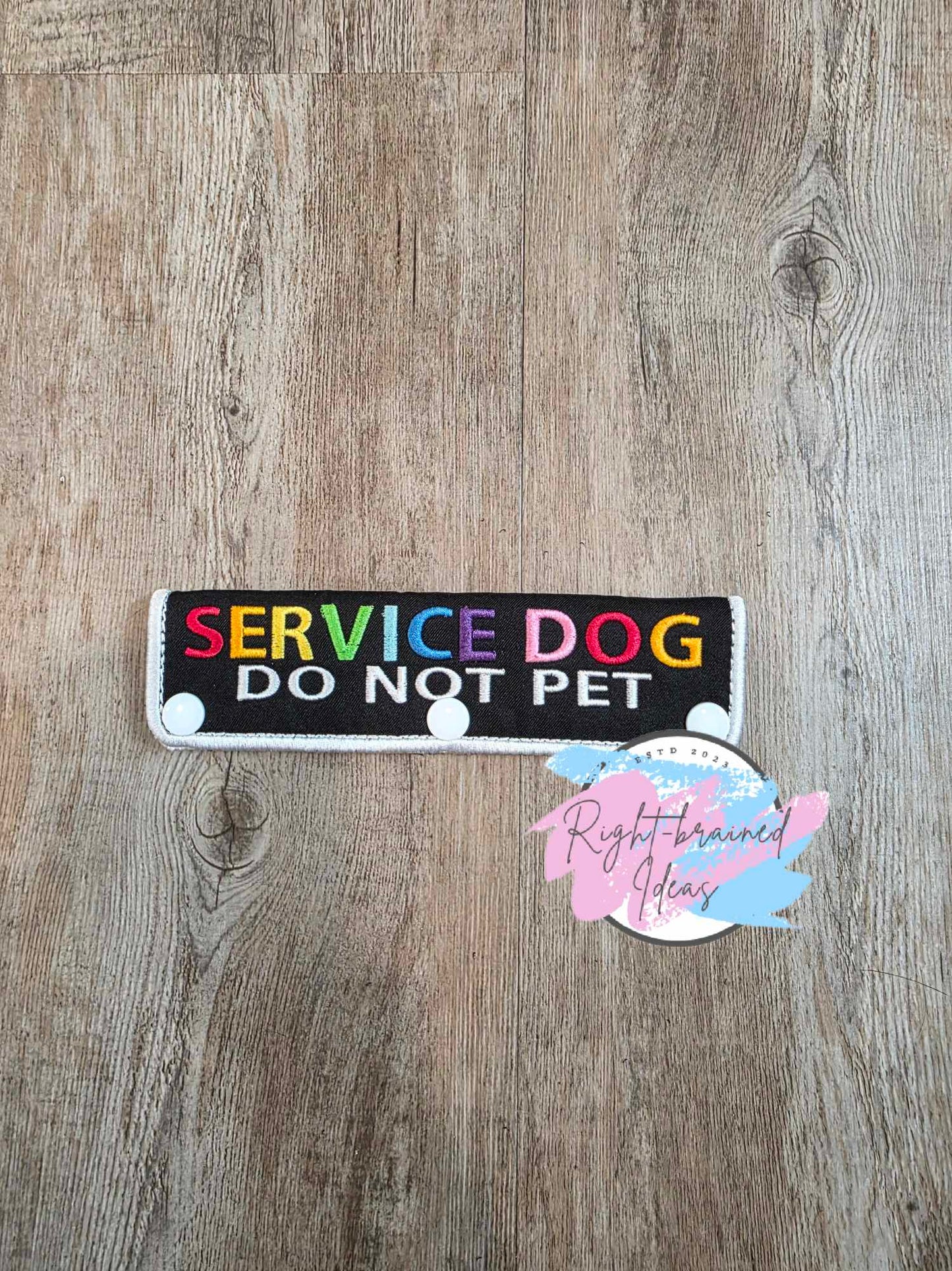 Service Dog Autism Assistance Rainbow and White on Black Light-Weight High Performance Twill Neurodivergent Inspired Four-piece Patch and Leash Wrap Set