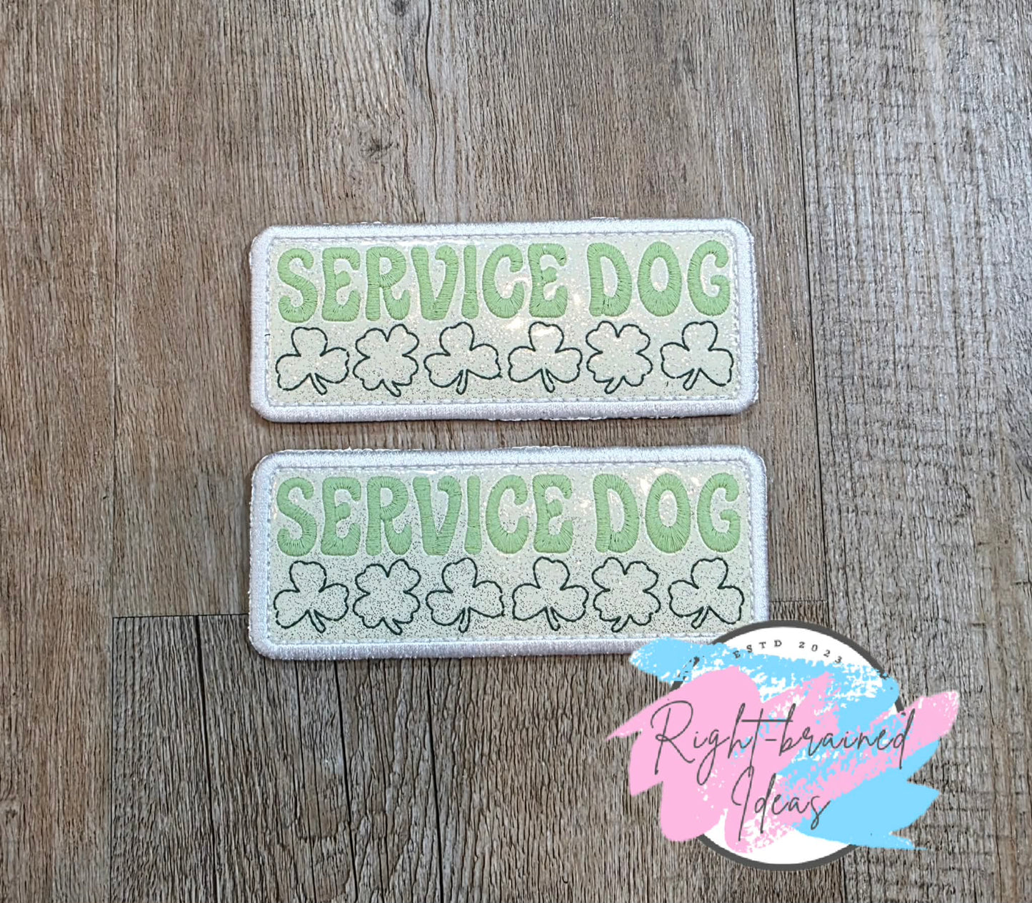 Fun Size Shamrock Inspired Service Dog Flat Matt Mint Green, Flat Matt Forest Green, Flat Matt Orange And White On Sparkle White Vinyl Four-piece