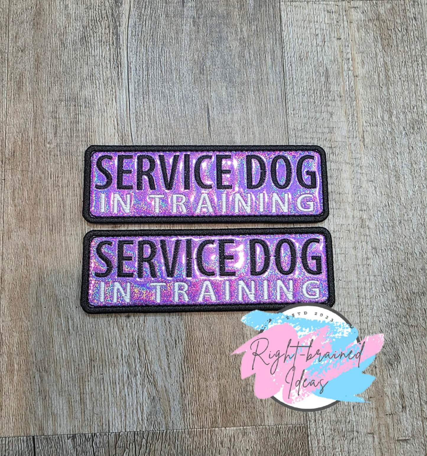 Service Dog In Training White And Black On Sparkle Purple Holographic Vinyl Five-piece Patch And Mini Leash Wrap Set