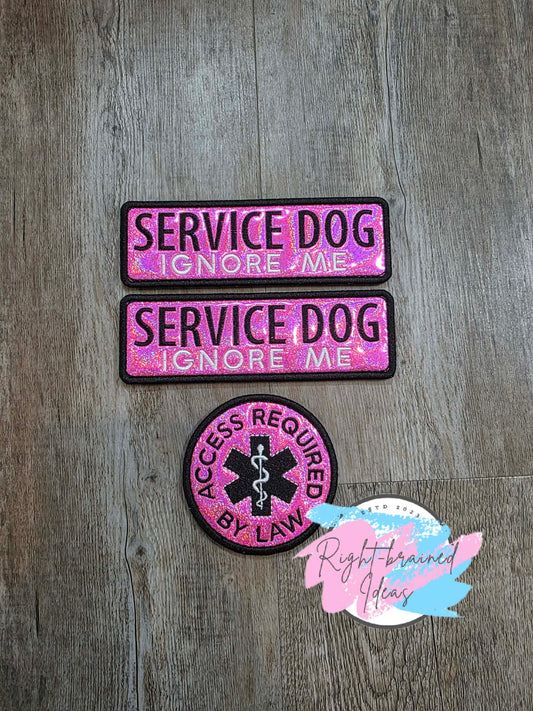 Service Dog Ignore Me White and Black On Sparkle Pink Holographic Vinyl Three-piece Patch Set